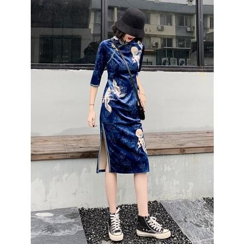 Chinese Traditional Womens Elegant Qipao Dress Summer Velvet Casual Style Cheongsams Female Clothing Evening Party Long Dresses