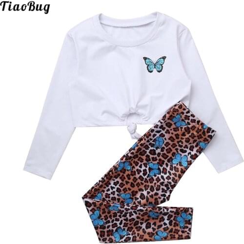 TiaoBug Kids Girls Clothes Set Long Sleeve Round Neckline Straps Crop Top With Leopard Pants Butterflies Print Casual Suit