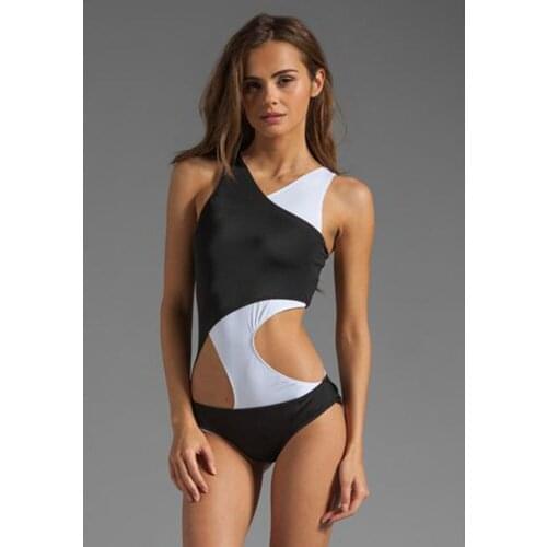 Summer New Bikini Sexy Swimwear Womens Black and White Collision Color V Collar Vest Hollowed-Out Triangular Tights Suit
