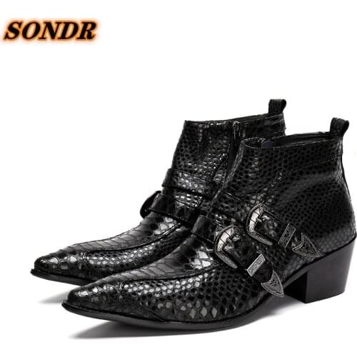 Men Martin Shoes Top Quality Men Crocodile Skin Pointed Toe Double Buckle Strap Boots Genuine Leather Boots Zapatos De Hombre
