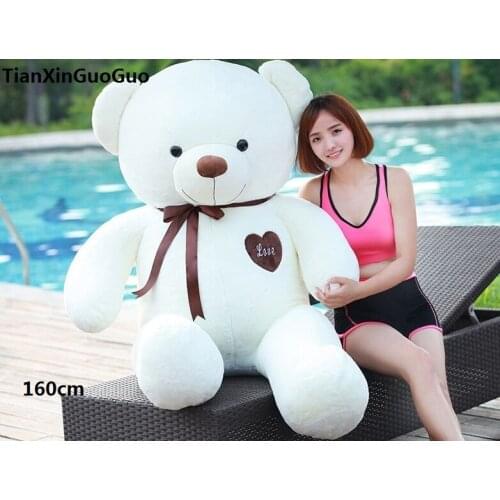 Stuffed toy huge 160cm white teddy Bear plush toy silk belt love bear doll hugging pillow Christmas gift b0900