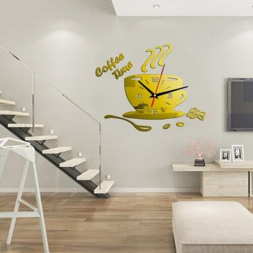 3D Clock Mirror Wall Stickers DIY Coffee Time Clock Acrylic Wall Clock for Kitchen Window Home Decor Cup Shaped Wall Stickers
