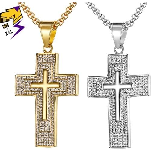 Hiphop Ice Out Big Cross Pendant for Men Gold Color Full Bling Crystal Necklaces 316L Stainless Steel Hip Hop Necklaces Jewelry
