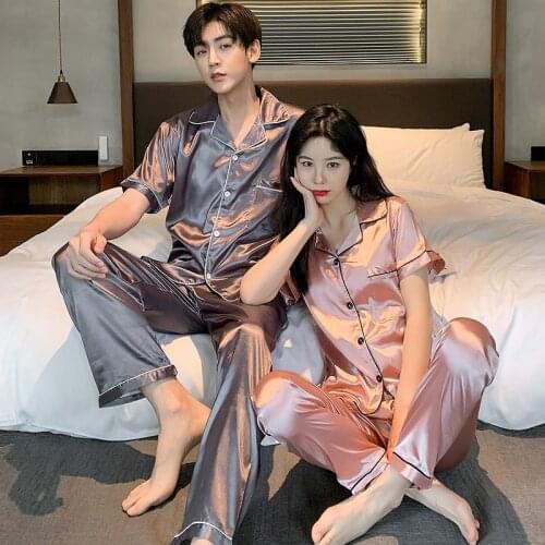 Plus Size 5XL Faux Silk Pajamas For Couples 2 Piece Sets Short Sleeve Solid Home Clothes Summer Ice Silk Sleepwear Lounge Wear