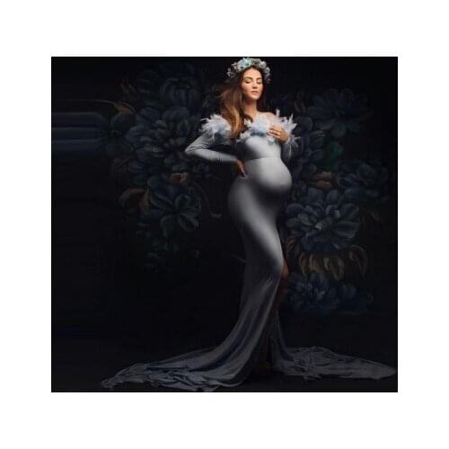 Feather Mermaid Maternity Dresses Long Sleeves Strapless Slit Pront With Train Women Plus Size Stretchy Pregnancy Gowns