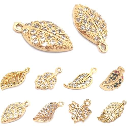 39576)6PCS 8x14MM 24K Gold Color Brass and Zircon Tree Leaf Leaves Charms Pendants Jewelry Making Supplies Diy Accessories