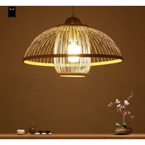 Natural Bamboo Wicker Rattan Shade Flower Bud Pendant Light Fixture Rustic Asian Japanese Hanging Lamp Design Dining Table Room