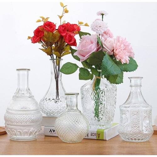 Nordic Ins Retro Madrid Embossed Craft Glass Bottle Living Room Bedroom Creative Hydroponics Florist Transparent Glass Vase