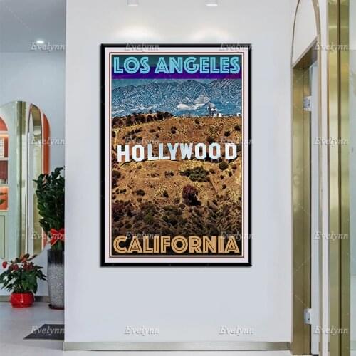 Retro Vintage Style Travel Poster Holywood California Oil Painting Posters and Prints on Canvas Wall Art Modular Pictures Decor