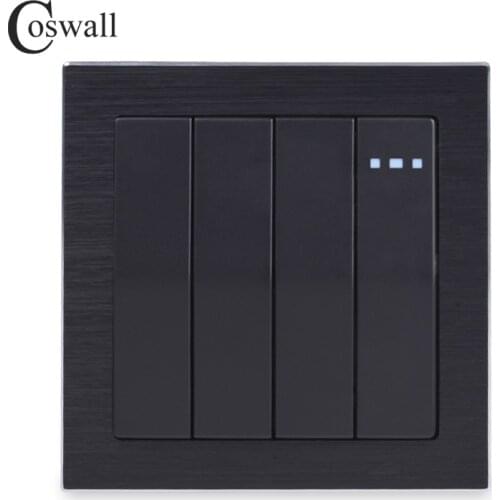 Coswall Luxurious 4 Gang Reset Switch Momentary Contact Switch Pulse Wall Switch Push Button Knight Black Aluminum Metal Panel