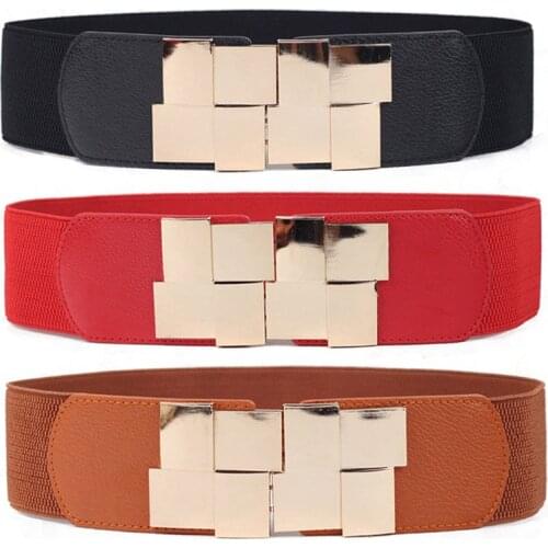 Elastic Waist Closure Wide Women Belt Gold Square Buckle Dress Decorative Female Leather Belt Self - Cultivation Band Girdle