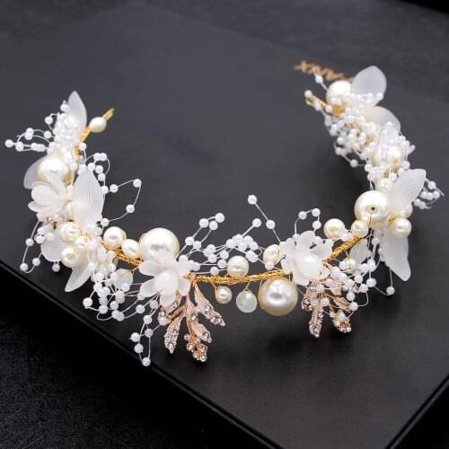 Bride And Bridesmaid New Pearl Beautiful Flower Hair Ribbon Hand-Woven Gold Leaf Childrens Headdress