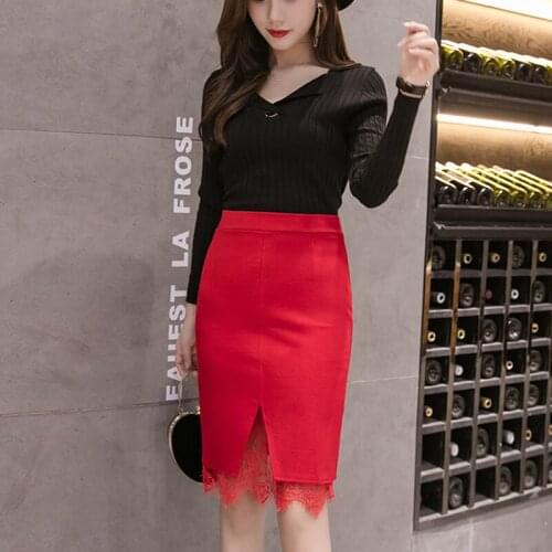 Womens Spring Autumn Skirts Korean Style Pure Color Lace Stitching Split Skirt New High Waist Slim Stretch Female Skirt LL561