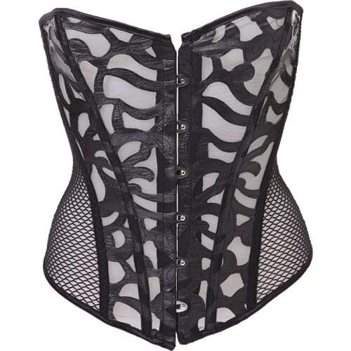 Sexy Corset Lingerie Black Fishnet Patchwork Overbust Bustiers Plus Size 3XL Waist Trainer Corset Back Lace Up Bustiers W58930