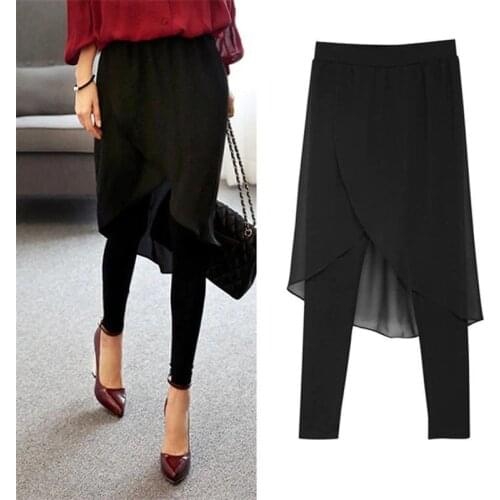2020 Womens Leggings Autumn Plus Size Irregular Cropped Pants Skirt Fake Two-Piece Chiffon Pleated Dovetail Skirt Stacked