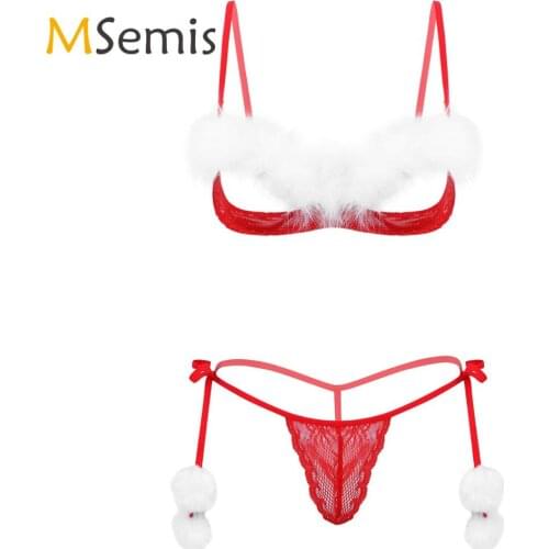 Womens Sheer Lace Christmas Lingerie Set Spaghetti Shoulder Straps Open Cups White Feather Trim Bra Top with G-string Briefs