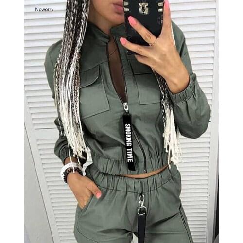 Noworry Two Piece Set Women Sportswear Running Casual Pockets Zipper Design Ruched Long Sleeve Coat&Cargo Pants Sets Women Suit