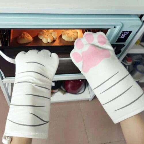 3D Cartoon Cat Paws Oven Mitts Long Cotton Baking Insulation Gloves Microwave Heat Resistant Non-slip Kitchen Gloves