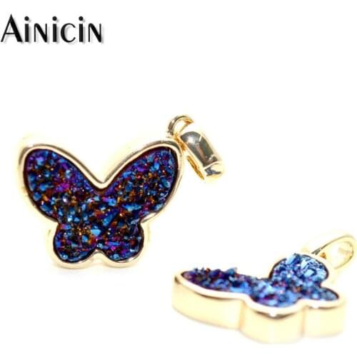 10pcs Natural Navy Blue Druzy Crystal Lovely Butterfly Pendants Gold Plating 14x20mm Fashion Women Jewelry For Earring Making