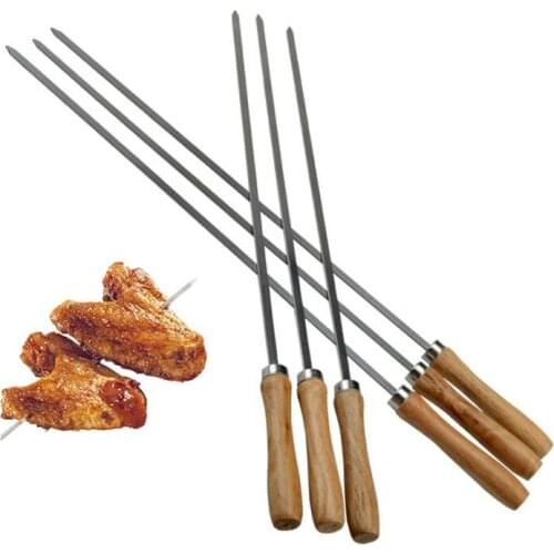 16.9in 43cm Wood BBQ Skewers 304 Stainless Steel Barbecue Grill Needle Wooden Handle BBQ Fork Long Meat Flat Kebob Skewer set