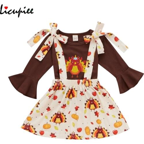 1-4 Years 2pcs Thanksgiving Day Little Girls Outfit, Creative Chicken Printing Flare Long Sleeve O-collar Tops + Suspender Skirt