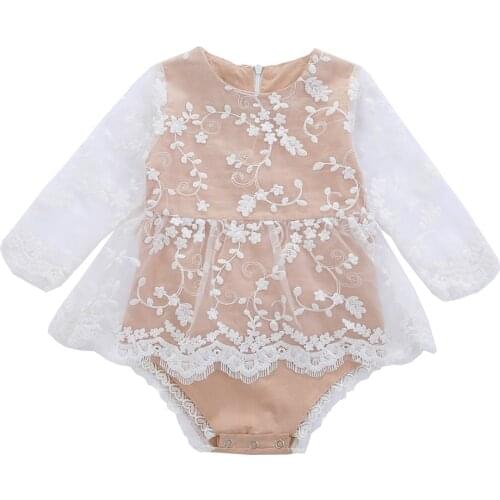 2020 0-24M Baby Girl Fashion Long-sleeved Jumpsuits Dress Flower Embroidery Fresh Solid Lace Stitching Dress Triangle Romper