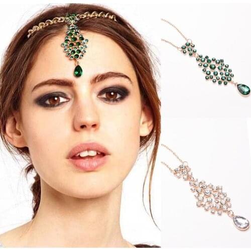 2021 Fashion Ethnic Accessories Indian Princess Hair Clip Forehead Eyebrows Classic Green Imitation Rhinestone Chain Hairpin