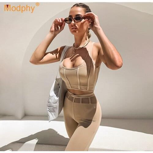 Apricot Sexy Bandage Women 2 Piece Set Patchwork Vest Top & High Waist Pencil Pants Suit Club Party 2021 Summer Fashion New