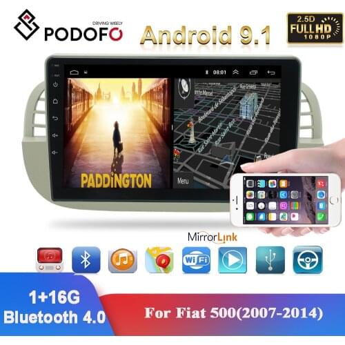 Podofo 1 Din Android 9.1 Car Radio GPS WIFI SWC FM Radio Station Car Audio For Fiat 500 2007 2008 2009 2010 2011 2012 2013 2014