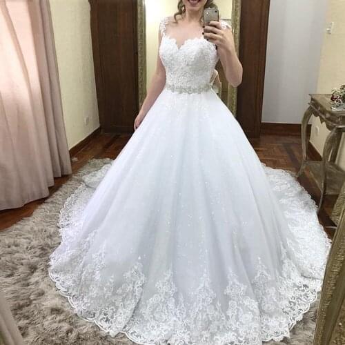 White Lace Tulle Wedding Dresses Sleeveless With crystal belt Wedding Gowns 2019 vestido de casamento hochzeitskleid