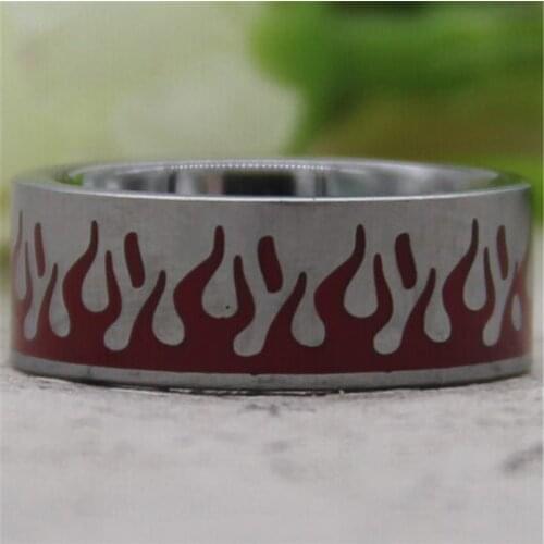 Free Shipping Hot Sales 8MM Comfort Fit Carved Flames With Red Resin Design Silver Pipe Mens Fashion Tungsten Wedding Ring