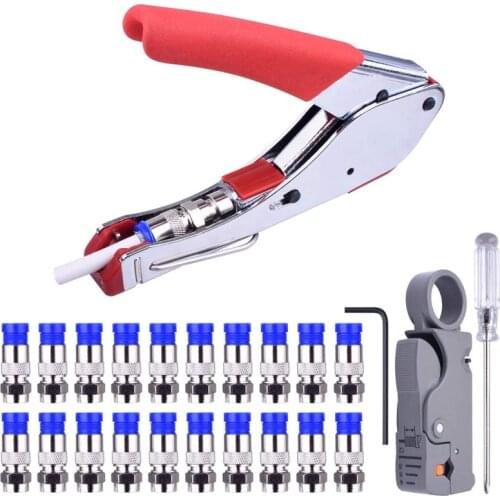 BHTS-Compression Tool Kit Rg59 Rg6 Coax Crimping Tool Double Blades Coaxial Cable Stripper with 20Pcs Blue F Connectors