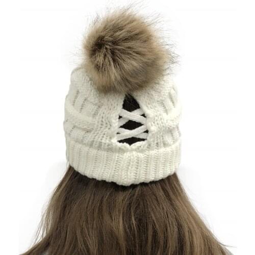 Womens Ponytail Beanie Hat Soft Stretch Cable Knit Hat Warm Winter Hat Fur Pom Pom Hats for Women