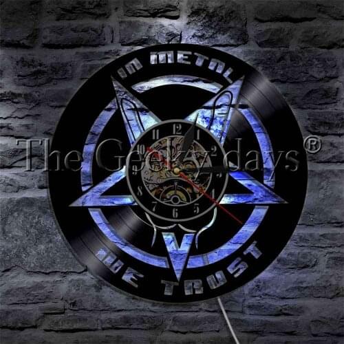 In Metal We Trust LED Night Light Vinyl Record Wall Clock Heavy Metal Music Rock Band Sign Color Changing Wall Light