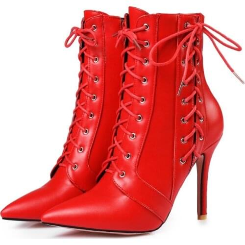 Big Size Fashion of European and American wind-tipped high-heel side zipper front lace boots