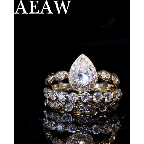 14K Yellow Gold Ring Set Pear Brilliant Cut DF Moissanite Engagement Ring & Wedding Band For Women