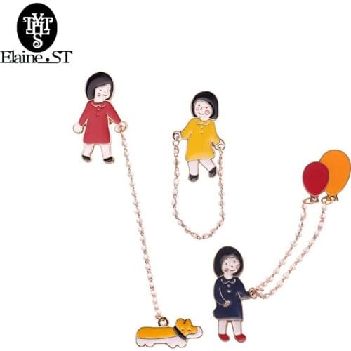 New Little Girl Walking the Dog Jump Rope Balloon Chain Pines Para Ropa Decoration Pin Cartoon Badge for Backpack