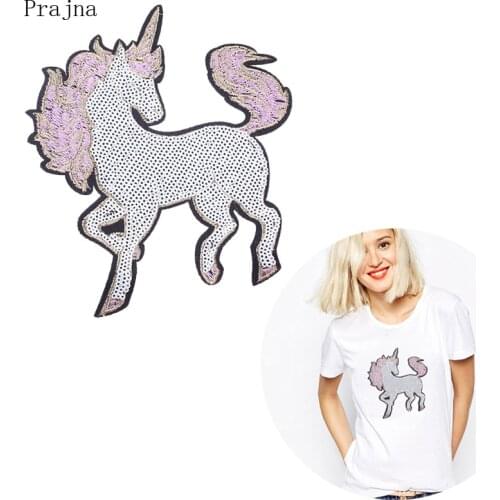Prajna Large Sequin Unicorn Patch Horse Iron On Sequin Patches For Clothes Cartoon White Fabric Patch Stickers Jacket Stripes