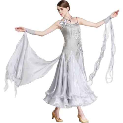 B-15110 High Quality Rhinestones Ballroom Dance Dress Adult Lyrical Gray Modern Dance Costume Dress For Competition