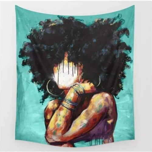 Psychedelic Blue Black Girl Tapestry Hippie Afro Curly Hair Wall Hanging