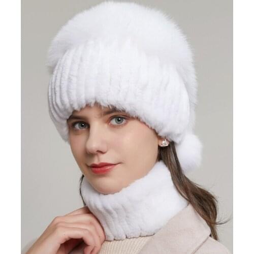 Winter Womens Rabbit Fur Hat Natural Fluffy Fox Cap Fashion Warm Knitted Authentic Russian Hot-Selling Style Female Cap 20HY-12