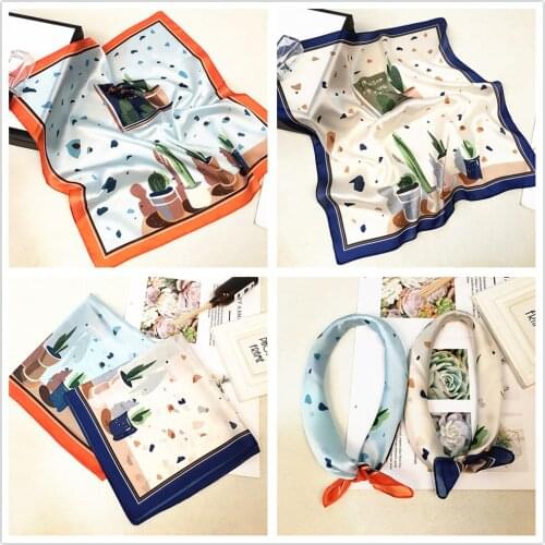 Brand 53cm Cactus Flower Scarf for Ladies Student Small Square Twill Scarf Women Shawl Luxury Neckerchief Design Hijab Scarf