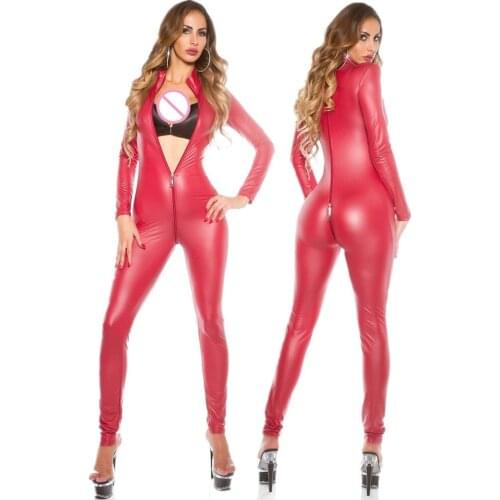 Sexy Elastic PVC Latex Catsuit Red Black wetlook Faux Leather Bodysuit Night Club Erotic Wear Zipper Open Crotch Jumpsuit