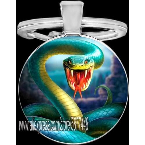 Ferocious Snake Key Chain Handmade Cool Wild Animal Glass Dome Key Ring Keychains Gift for Man