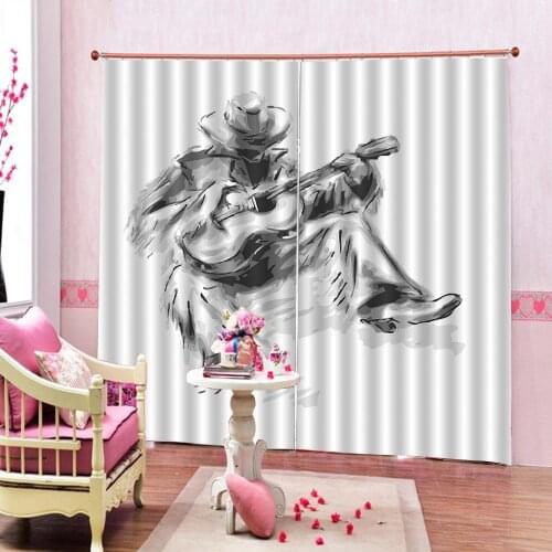 Custom 3D Curtains Sketch Drawing Entertainment Rock and Roll Young People Playing Guitar Blackout Curtains For Living room