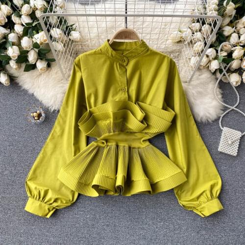 Long-sleeved shirt womens design three-dimensional pleated ruffled waist all-match blouses tops female