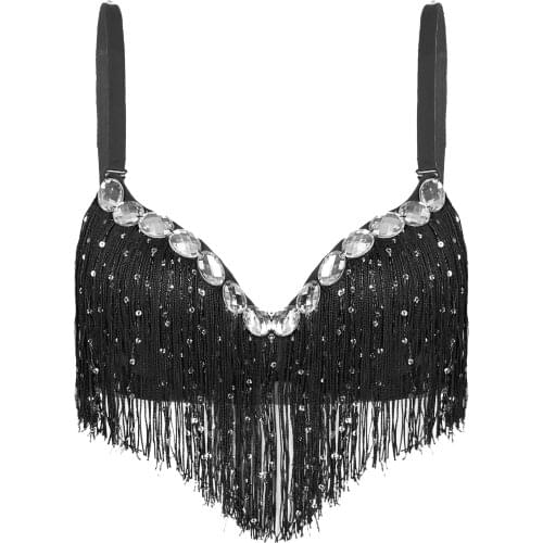 Womens Adult Belly Dance Bras Clubwear Push-Up Bra Latin Sequin Tassel Rhinestone Brassiere Tops Party Club Performance Costume