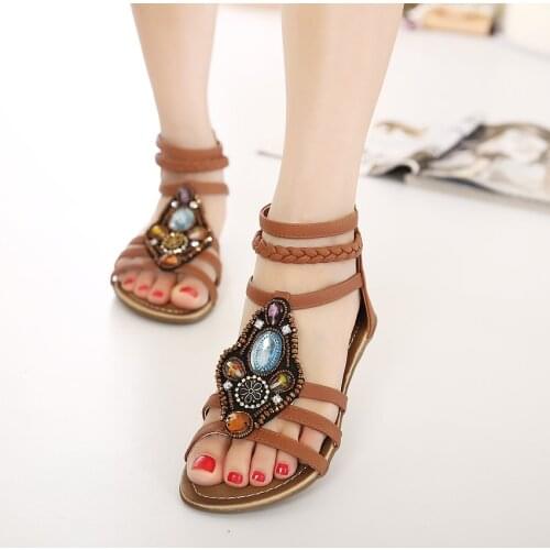 Boho Ethnic style peep-toe Gladiator Pearl Decoration Women sandals flat bottom Roman Sandal National Wind beaded Holiday Shoes