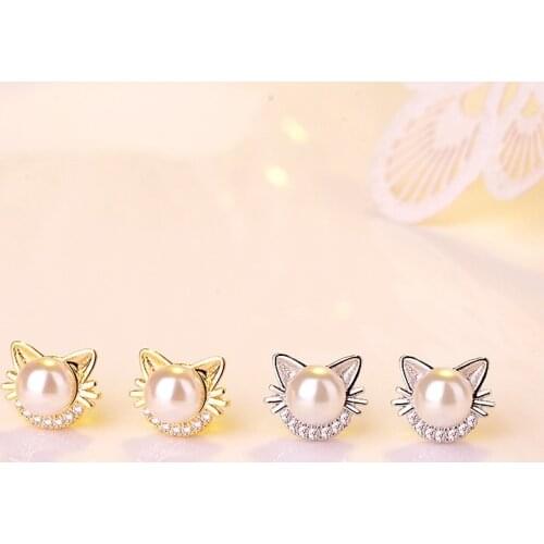 MENGYI Womens Cute Cat Earrings Dainty Charm Flower Stud Earrings Imitation Pearl 9 2 5 Ear Ornaments Girl Simple Daily Jewelry