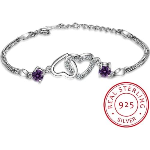 New Fashion 925 Sterling Silver Double Heart Purple Zircon Bracelets For Women Crystal Fine Jewelry pulseira feminina